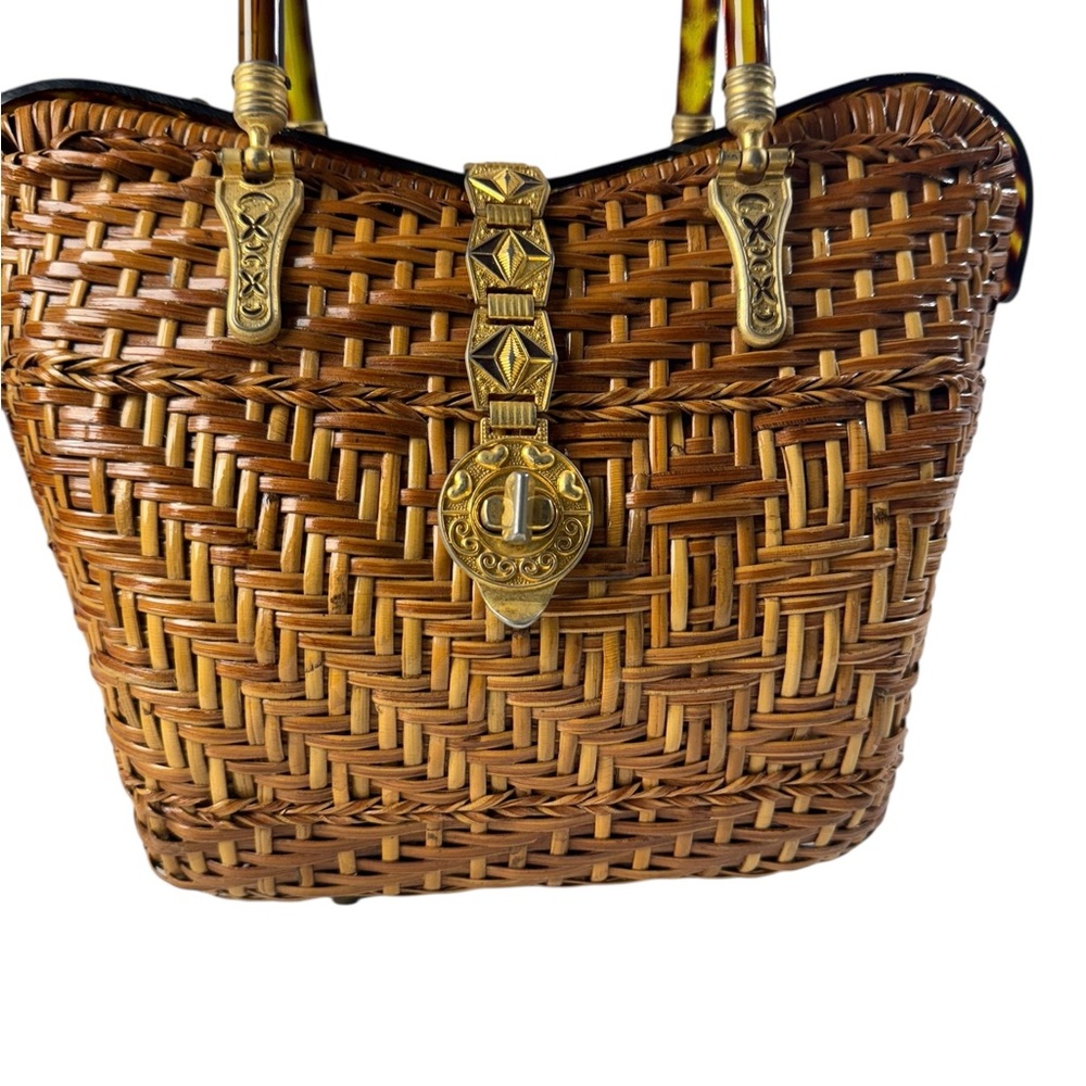 Vintage 80s Elegant Brown Woven Handbag - Picture 3 of 10